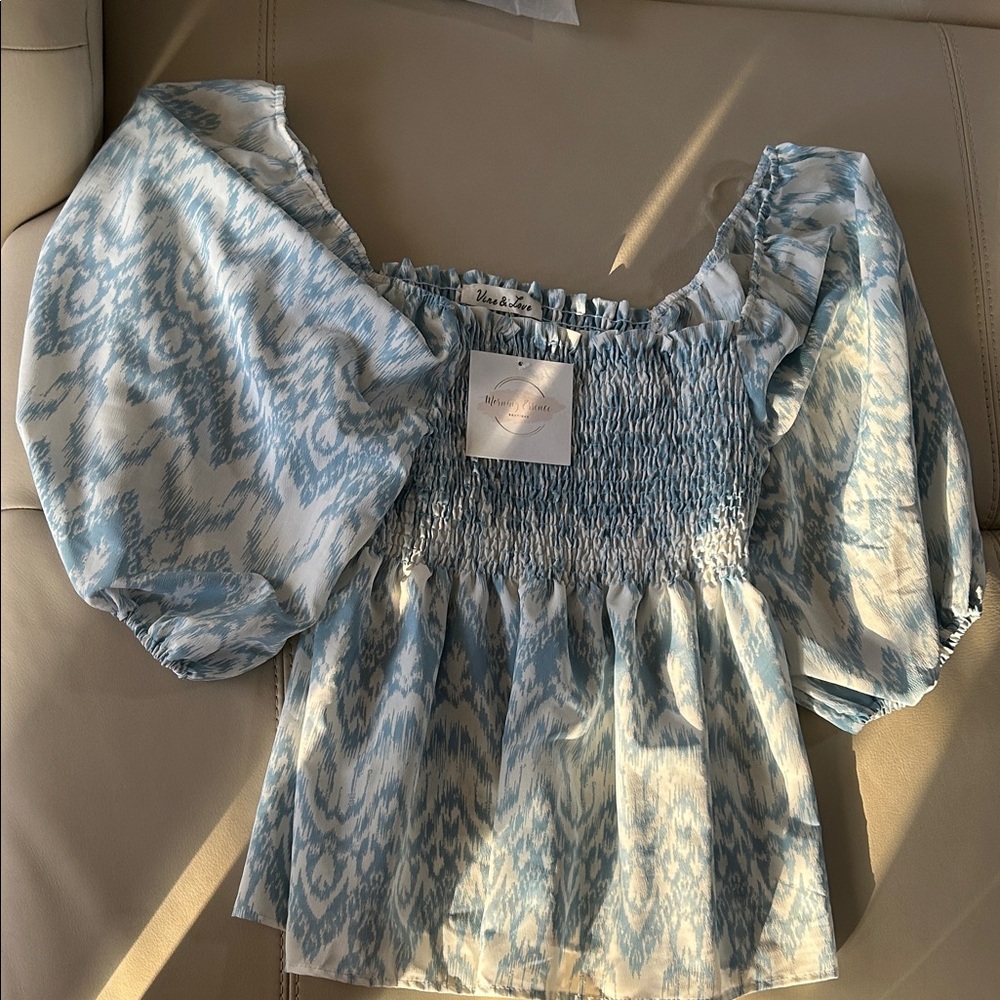 Vine & Love Blue Patterned Smocked Blouse